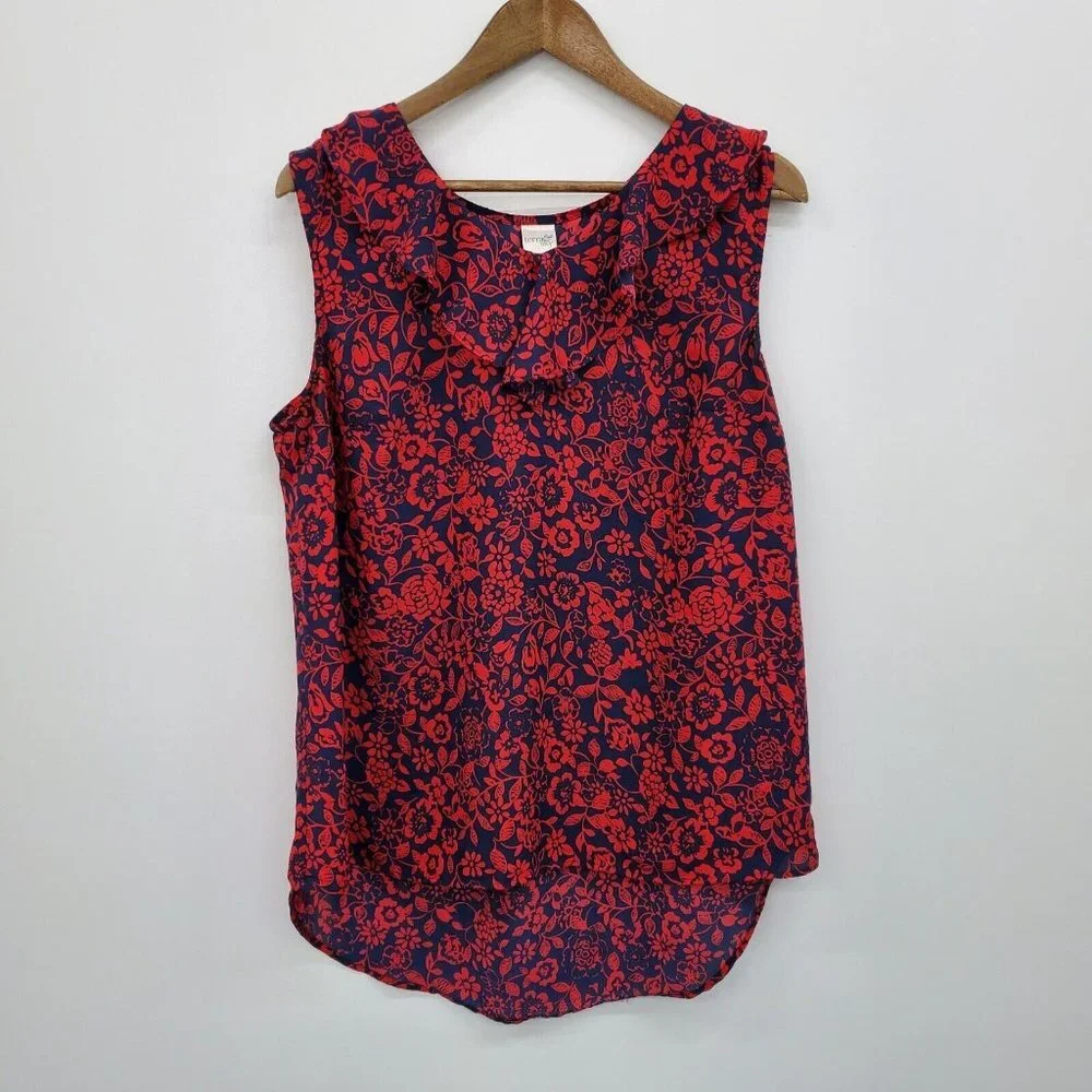 Terra & Sky Womens Sleeveless Floral High Low Blouse Top Size 0X Red Blue Ruffle